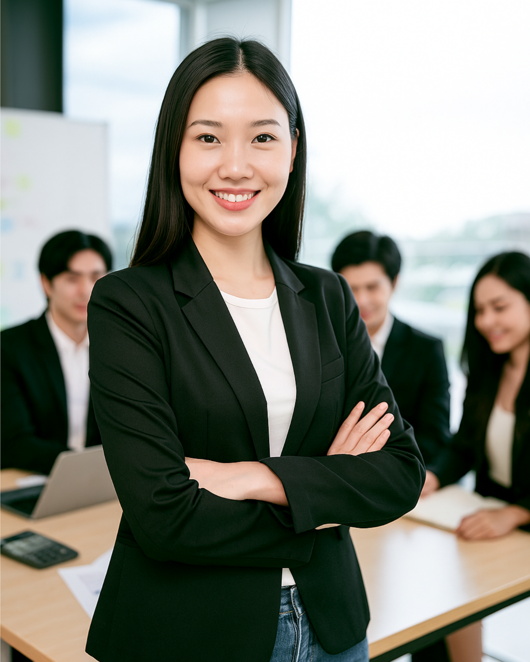 Confident-Filipina-Professional-in-Philippine-Outsourcing Confident Filipina professional smiling with arms crossed in a modern office, symbolizing leadership and a skilled workforce.