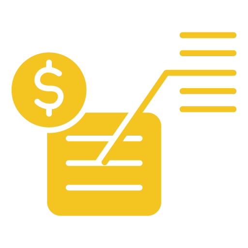 A golden icon showing a document with lines, connected to a dollar coin and more lines, symbolizing financial reporting and data-driven business insights.