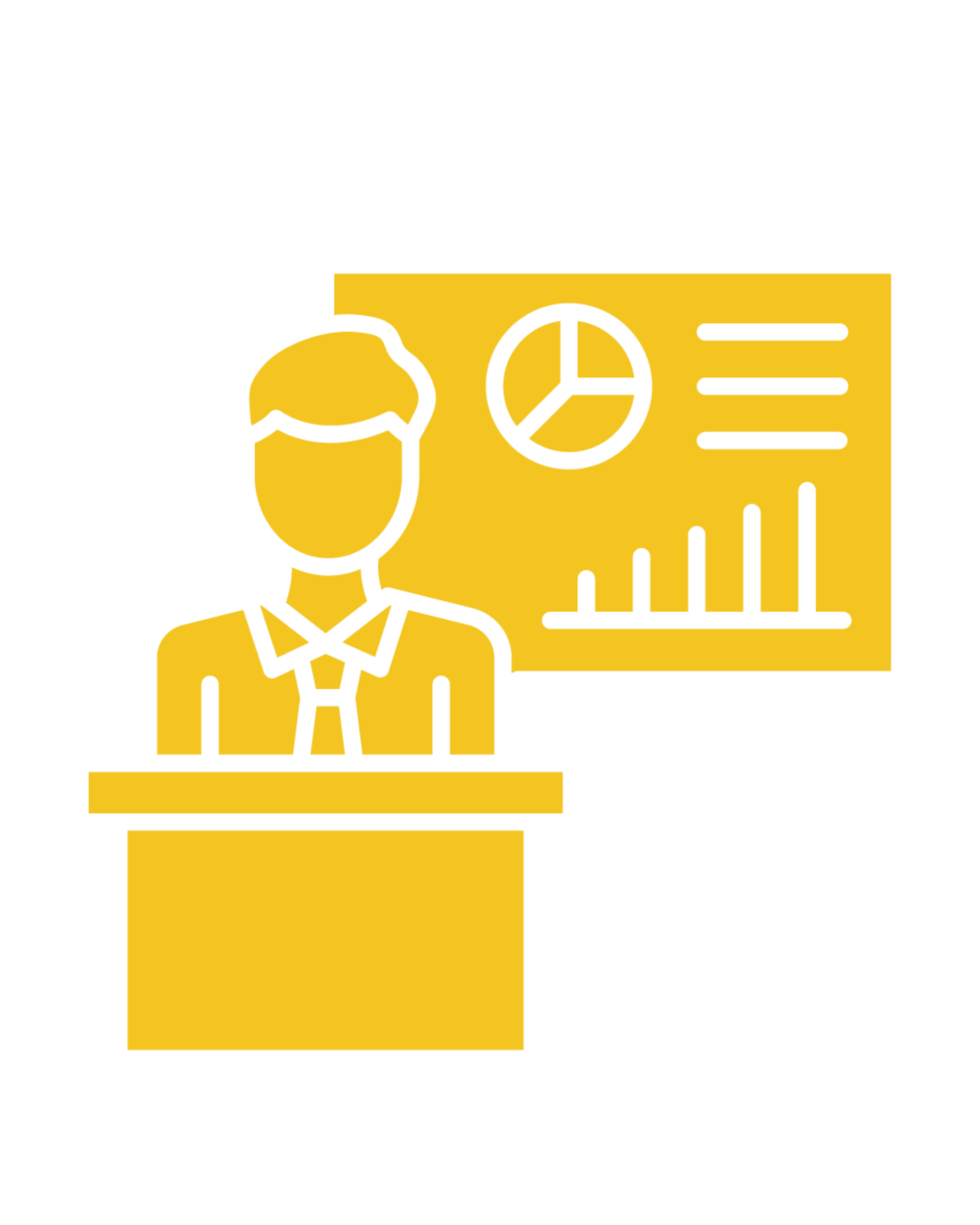 A golden icon of a presenter behind a podium with a screen showing charts, symbolizing professional presentations, data insights, and strategic reporting for BPO.